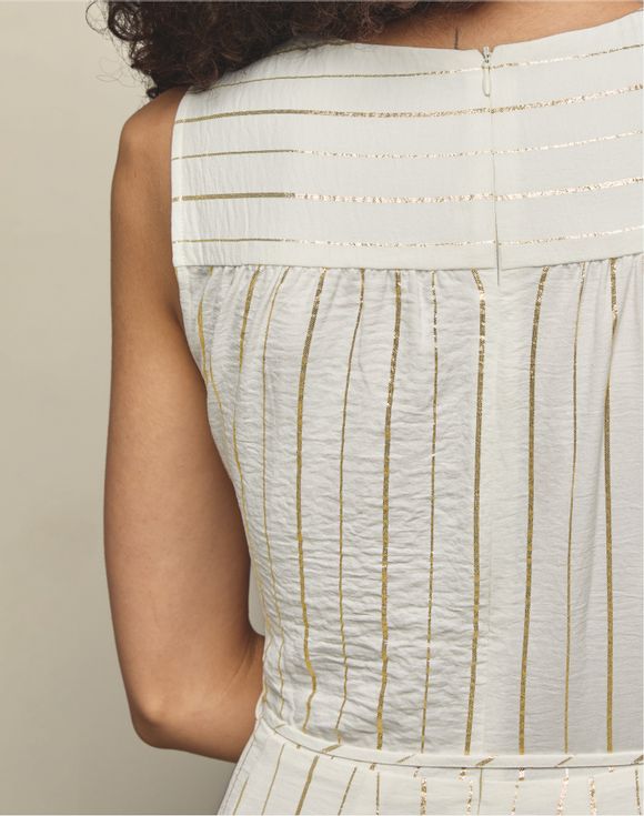 Metallic Stripe Wrap Dress - front neckline detail with jewelry styling