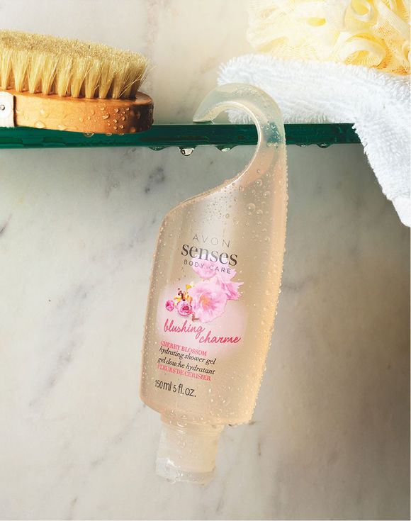 Avon Senses Blushing Charme Shower Gel hook bottle hanging in marble shower