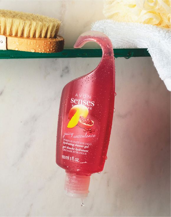 Avon Senses shower gel bottle hanging in shower