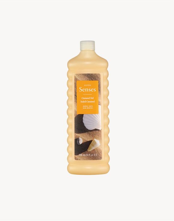 Avon Senses Caramel Sol Bubble Bath 700 mL bottle on white background