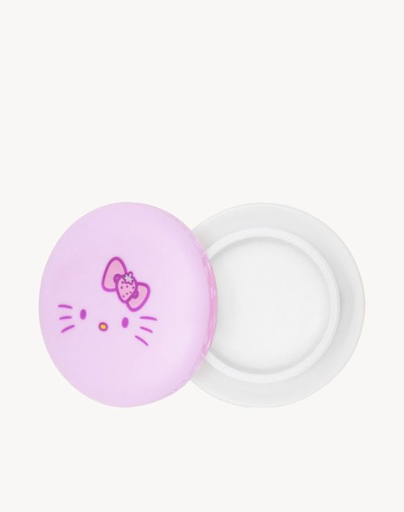 The Creme Shop x Hello Kitty Moisture Remedy Macaron Lip Balm open compact on white background