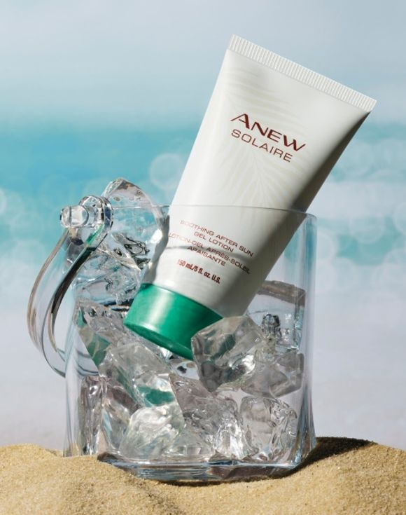 Anew Solaire After Sun Gel Lotion tube in ice bucket on sandy beach