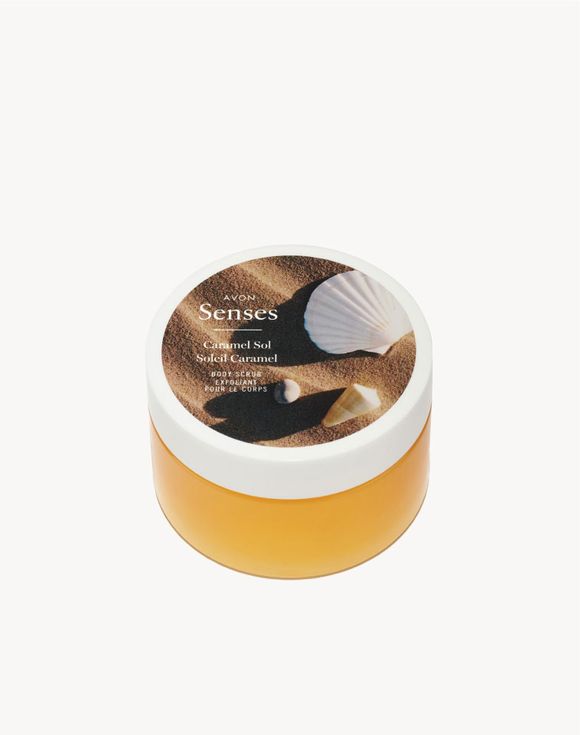 Avon Senses Caramel Sol Body Scrub jar on white background