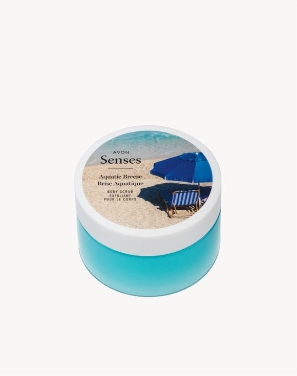 Avon Senses Aquatic Breeze Body Scrub teal jar on white background