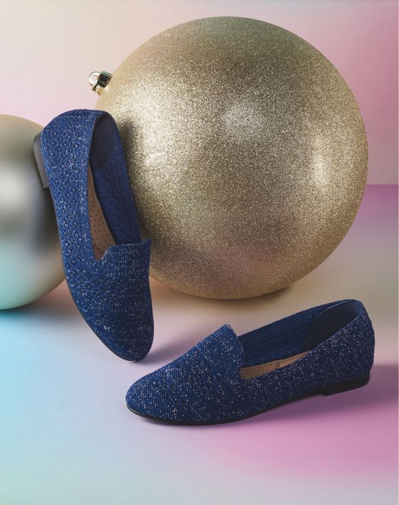 Metallic Knit Loafer navy blue styled with holiday ornaments