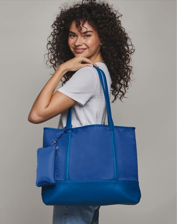 Blue Shiny Tote product flat lay with matching zip pouch