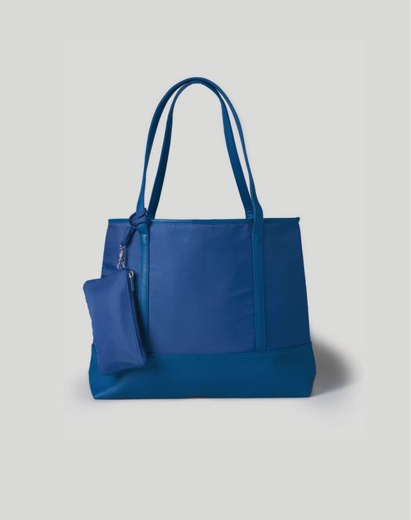 Blue Shiny Tote on model shoulder carry side view