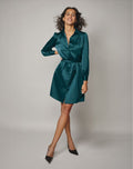 Satin Button-Front Dress – model wearing teal satin dress, front close-up view