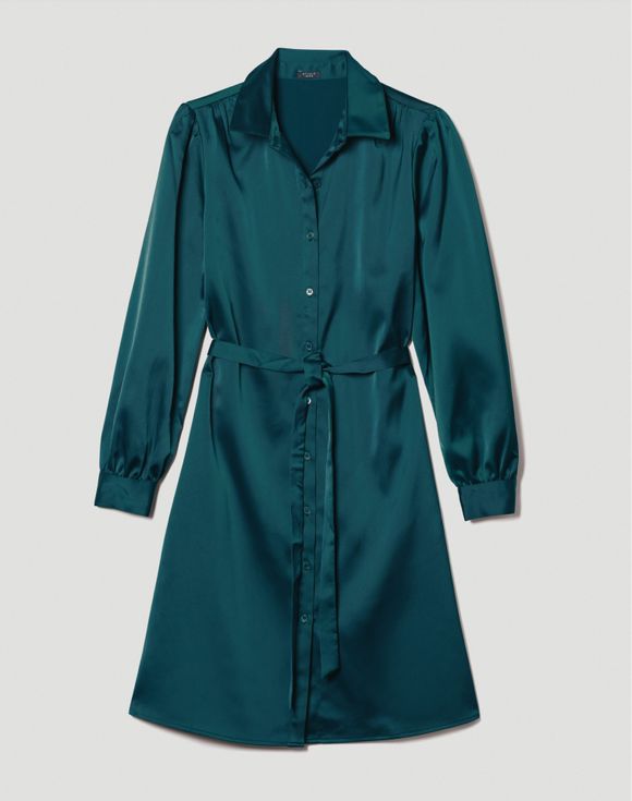 Satin Button-Front Dress – close-up of bishop sleeve, velvet cuff and belt detail