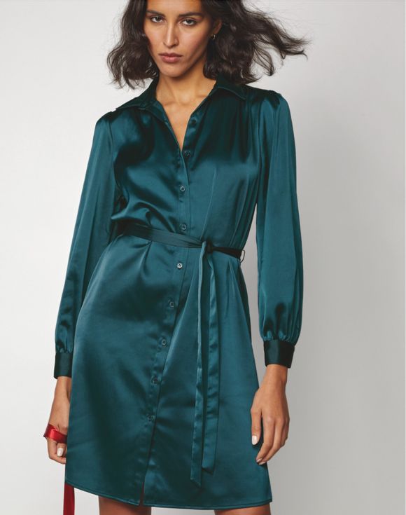 Satin Button-Front Dress – model wearing full-length teal satin dress with heels