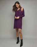 Model wearing Rib Knit Tank Dress holding Cardigan in deep plum