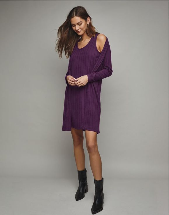 Model wearing Rib Knit Tank Dress holding Cardigan in deep plum