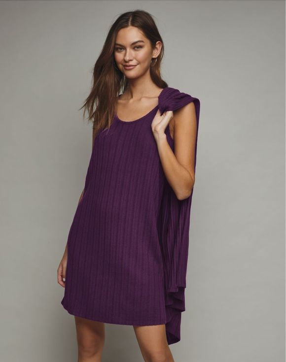 Model wearing Rib Knit Tank Dress with Cardigan in deep plum