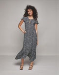 Patterned Dress – model wearing dress, full-length front view with sandals