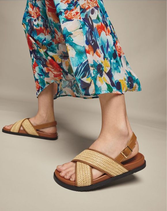 Footbed Sandal - model wearing raffia crossover sandals with floral midi dress