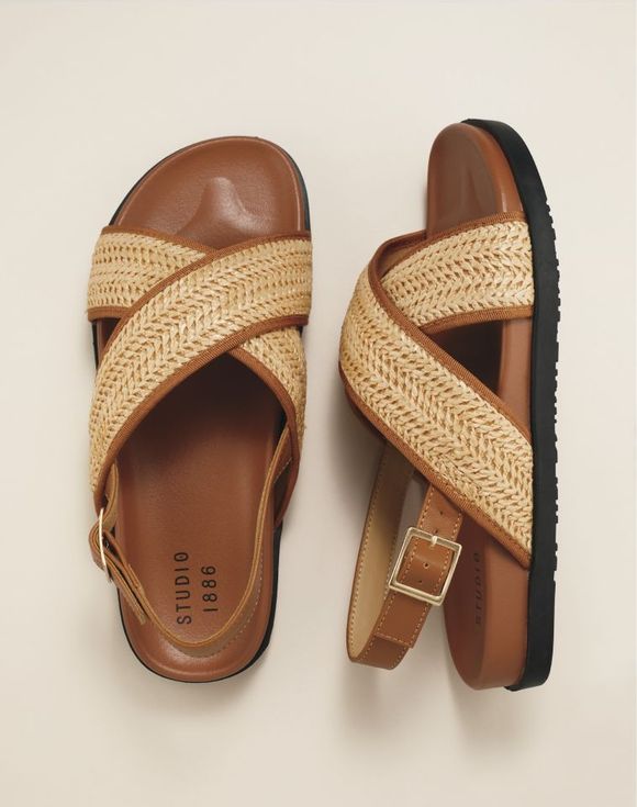Footbed Sandal - close-up of raffia woven crossover straps and cognac leather trim