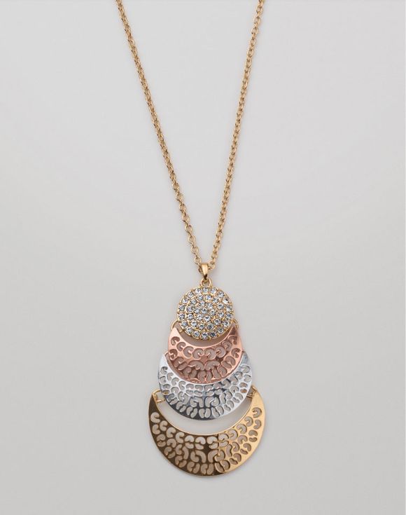 Filigree Fusion Necklace close-up view showing tri-tone layered pendant detail