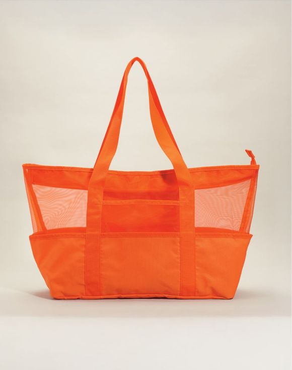 Beach Tote - product shot of orange mesh tote on neutral background