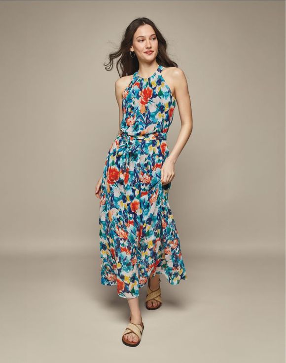 Floral Sleeveless Dress – model wearing dress, front view with sandals