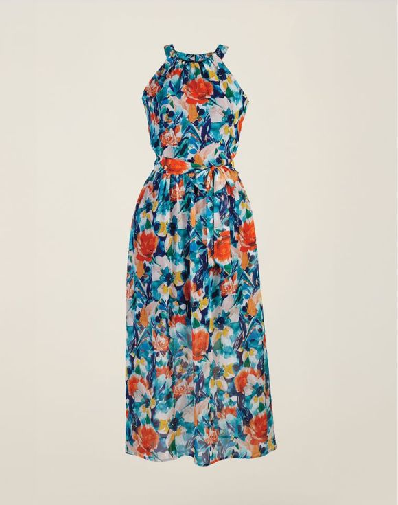 Floral Sleeveless Dress – close-up of halter neckline and keyhole back detail