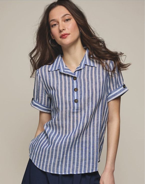 Two-Tone Stripe Shirt – model wearing shirt with navy trousers, front view