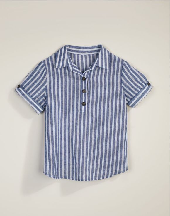 Two-Tone Stripe Shirt – close-up of collar and button placket detail on model