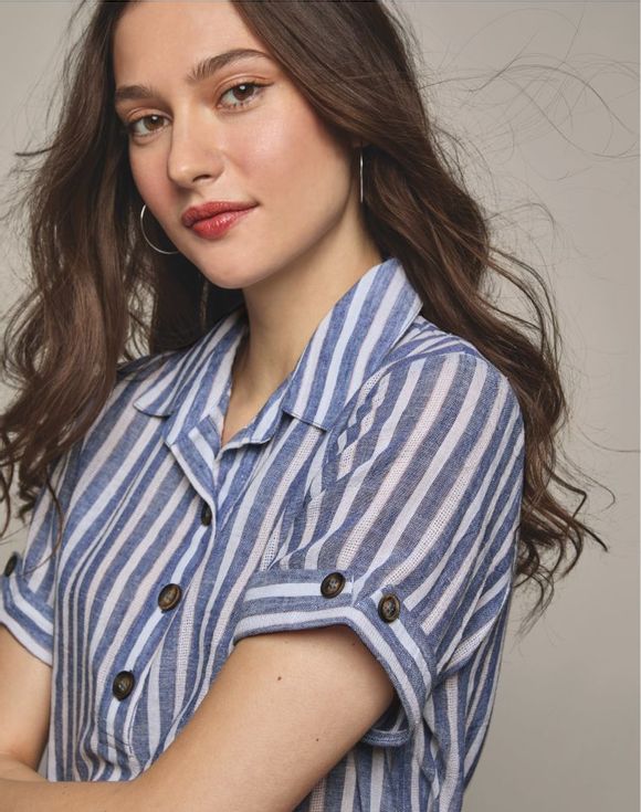Two-Tone Stripe Shirt – flat lay front view on neutral background