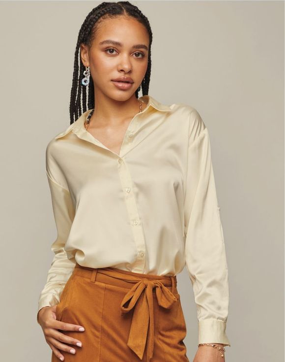 Roll-Sleeve Button-Down Top
