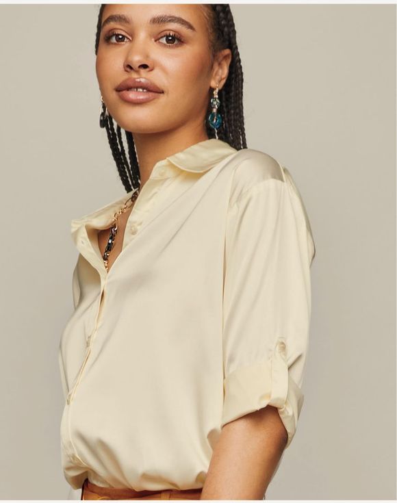 Roll-Sleeve Button-Down Top