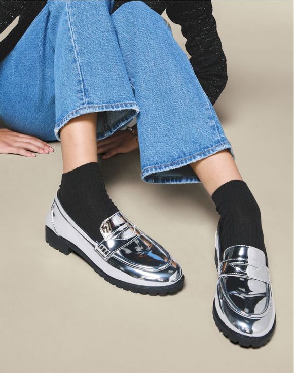 Shiny Loafer worn with wide-leg jeans side view