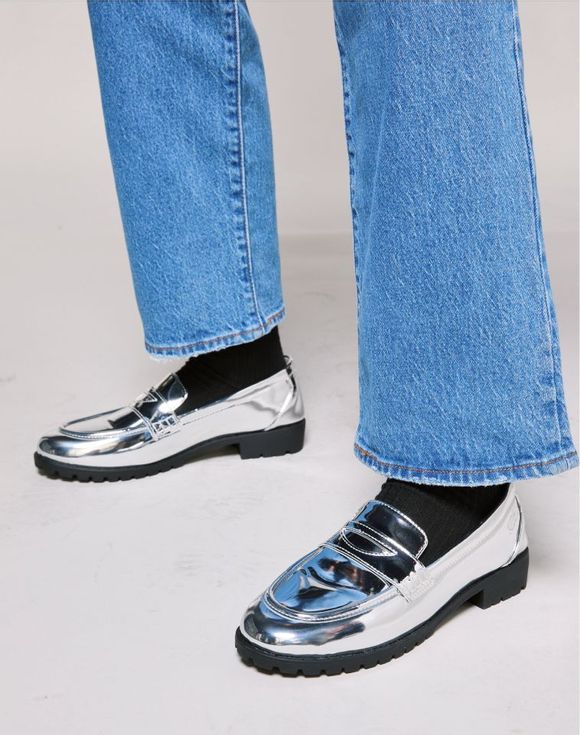 Shiny Loafer worn with jeans seated angle view