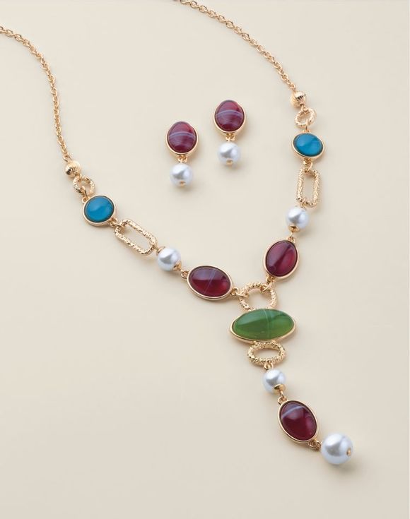 Classic Jewel Drop Earrings close-up showing burgundy cabochon and faux pearl drop