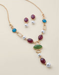 Classic Jewel Drop Earrings close-up showing burgundy cabochon and faux pearl drop
