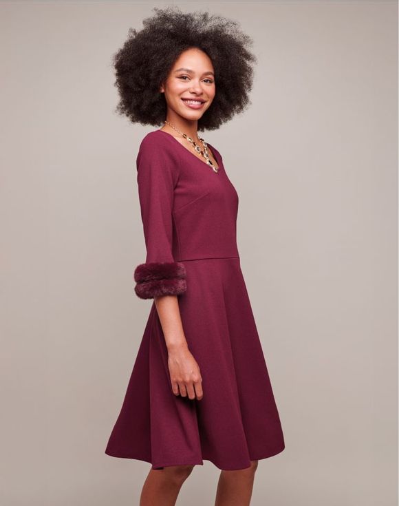 Faux-Fur-Trim Dress - model full-length front view