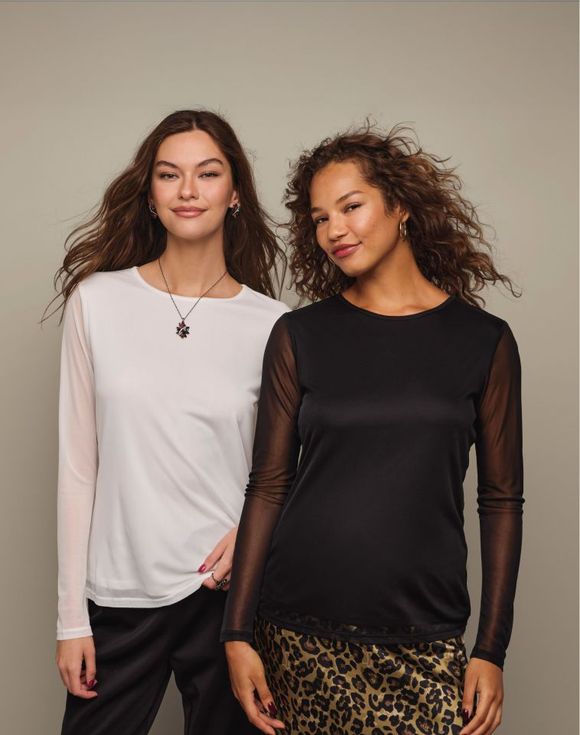2-Pack Sheer-Sleeve Top - both models wearing black and white tops