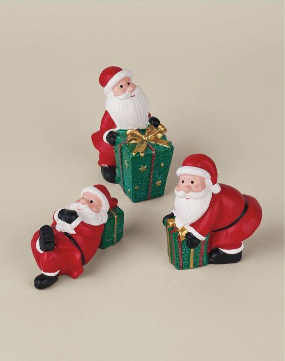 Mini Santa Figures - kneeling Santa with glitter gift box