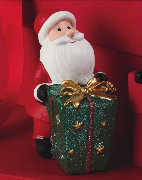 Mini Santa Figures - lounging Santa with glitter gift box