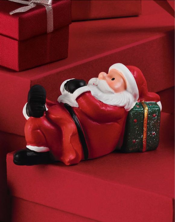 Mini Santa Figures - sitting Santa with gold bow gift box