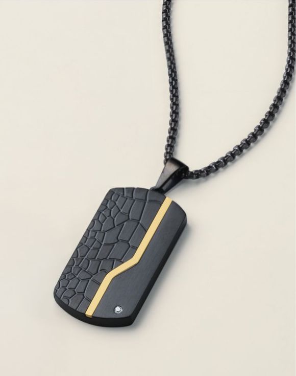 Men's Stainless Steel Trailblazer Dog Tag Necklace full length view on cream background