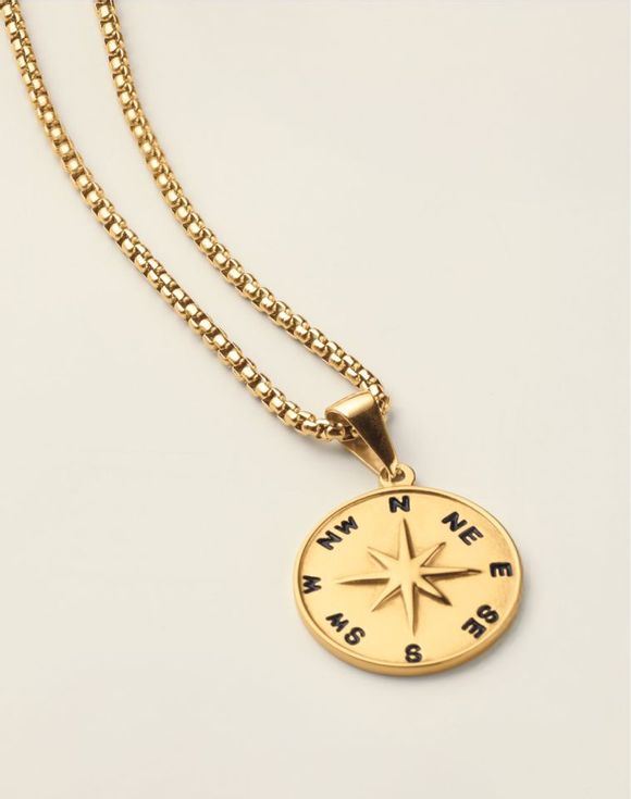 Men's Stainless Steel Trailblazer Compass Necklace full length view on cream background