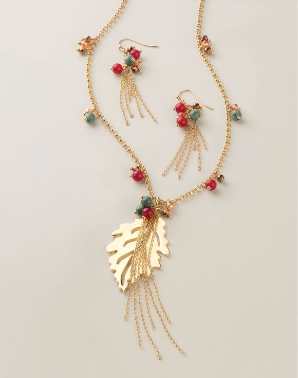 Falling Leaves Earring close-up with bead cluster and chain tassel