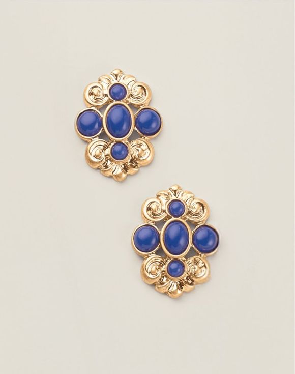Royal Blue Crown Statement Necklace and Earring Set styled together on cream background