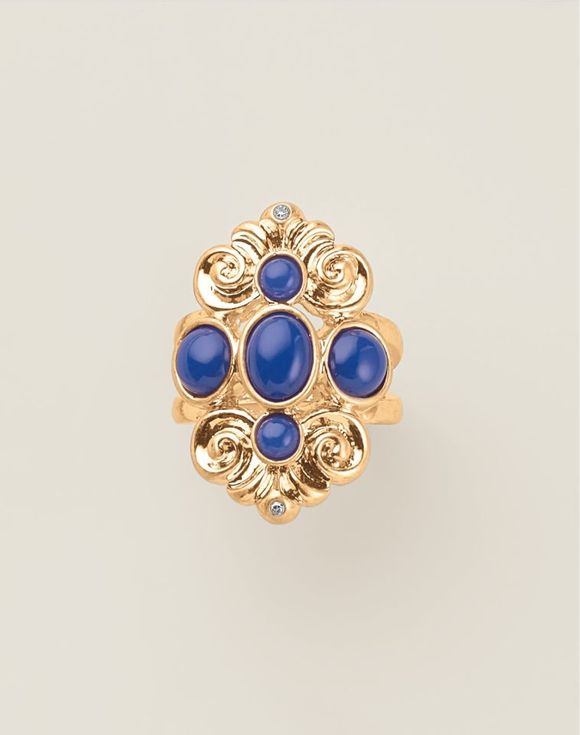 Royal Blue Crown Statement Ring top view showing full ornate gold-tone setting with blue cabochon stones