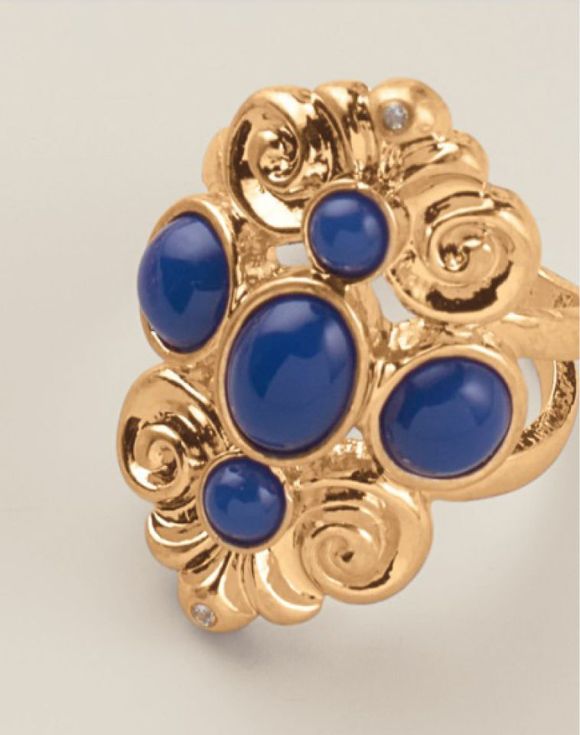 Royal Blue Crown Statement Ring angled view showing scroll detailing and crystal accents