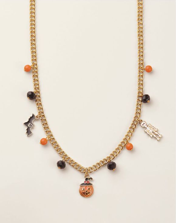 Charmed and Spooked Necklace full view with Halloween charms