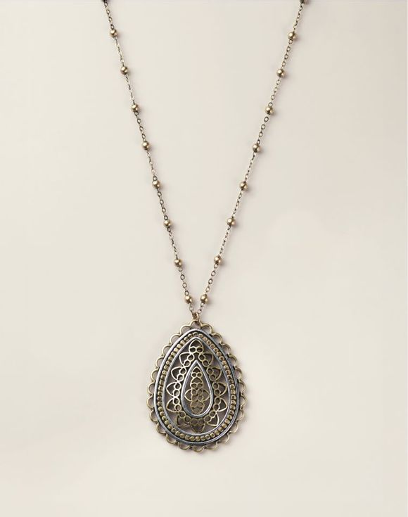 Fused Filigree Pendant Necklace angled view showing gold-tone beaded chain and pendant detail