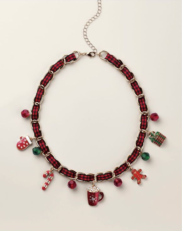 Merry in Plaid Charm Necklace - model wearing necklace and bracelet set