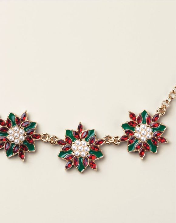 Classic Poinsettia Necklace close-up showing red crystal and pearl flower details
