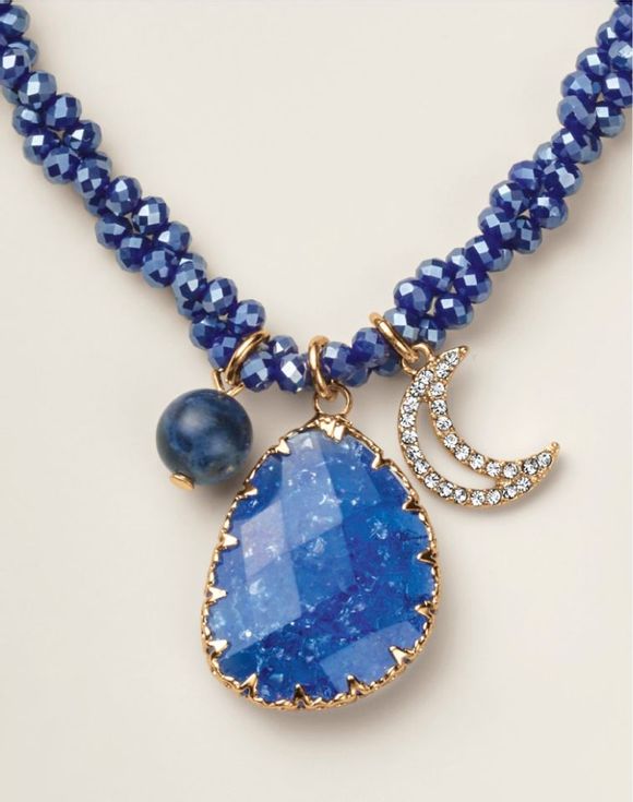 Blue Luna Luxe Beaded Necklace – close-up of blue stone pendant, pearl and crescent moon charm