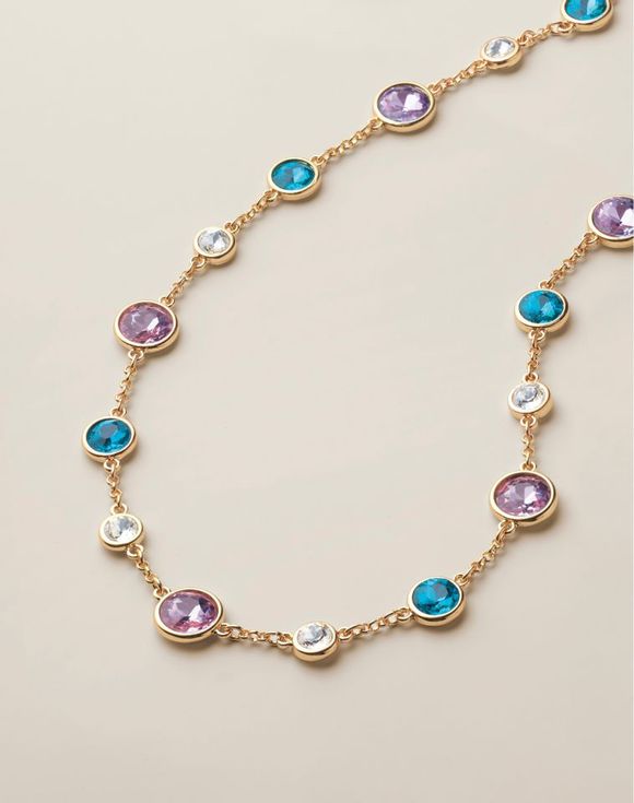 Spring Shower Drops Necklace full length — lavender, teal, and clear crystal stations on gold-tone chain